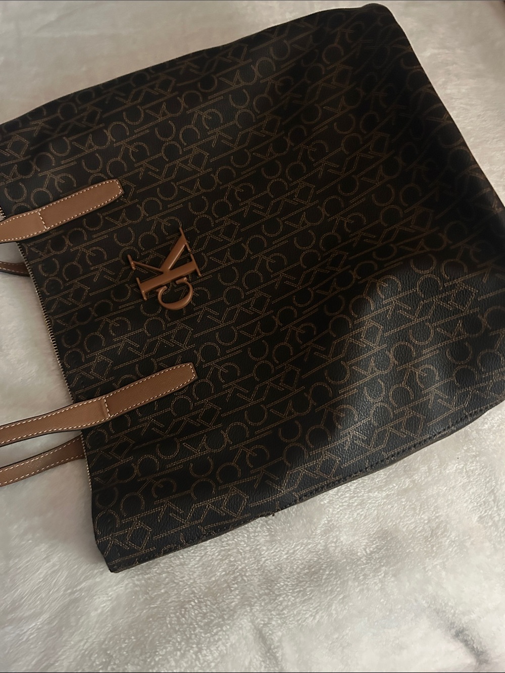 Calvin Klein Dark Brown Monogram Tote with Tan Straps